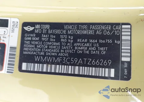 2010 Mini Cooper из США, поврежденный, VIN WMWMF3C59ATZ66269